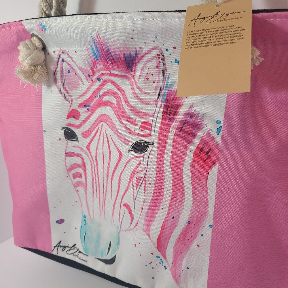 Pink Zebra Tote Bag by Angie Bryan Creations – Rope Handles - Picture 2 of 10